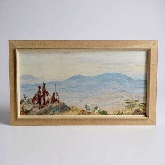 Mid Century Kenyan Maasai Warriors Landscape Framed Painting
