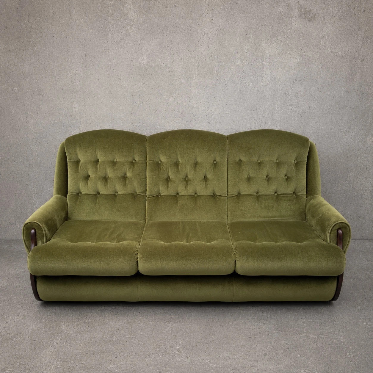 Mid Century Green Velvet and Wood Three Seater Sofa