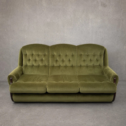 Mid Century Green Velvet and Wood Three Seater Sofa