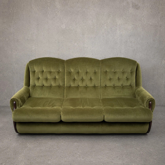 Mid Century Green Velvet and Wood Three Seater Sofa