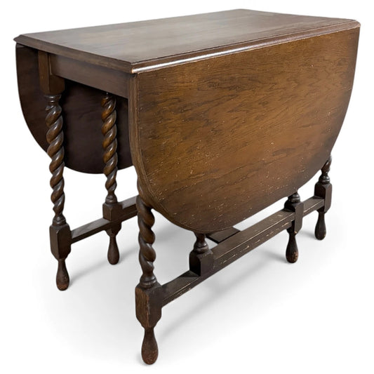 Oak Drop Leaf Table – Vintage Dining Table with Barley Twist Legs & Folding Design