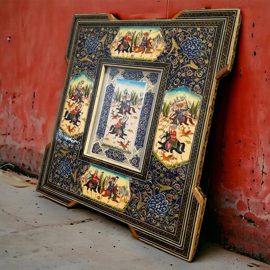 Vintage 1950s Persian Khatam Watercolour Painting Frame