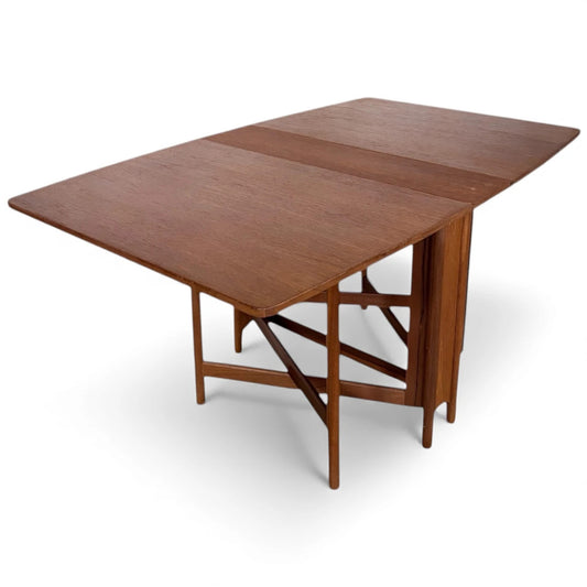Vintage Teak Dining Table - Mid Century Folding Drop Leaf Table With Elegant Tapered Legs