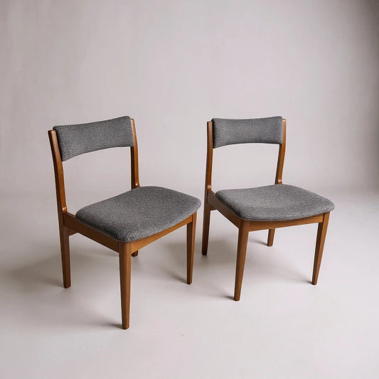 Pair of Mid Century Modern Dining Chairs – Vintage Wooden Frame Chairs with Grey Upholstered Seats