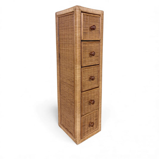 Vintage Wicker Tallboy Drawers – 1970s Natural Rattan Storage Unit Tallboy