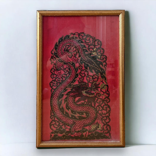Vintage 1960s Chinese Dragon Needlepoint Framed Art