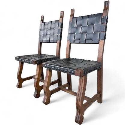 Pair of Vintage Navarro Argudo Spanish Brutalist Chairs – Wood and Woven Leather