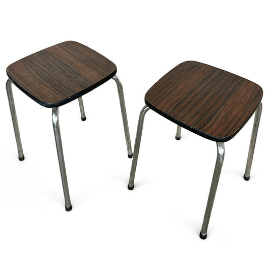 Mid Century Modern Belgian Formica and Chrome Pair of Table Stools