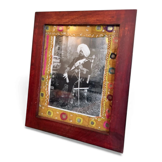 Framed Mughal Portrait with Embroidered Textile Mount – Vintage Indian Decorative Art