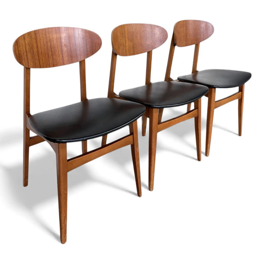 Mid Century Dining Chairs – Set of Three Scandinavian Butterfly Back Chairs with Black Upholstered Seats