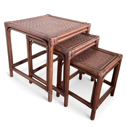 Vintage Bamboo & Rattan Nesting Tables – Set of Three Square Boho Tables