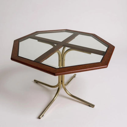 Mid Century Modern Italian Octagonal Smoked Glass Brass and Teak Dining Table