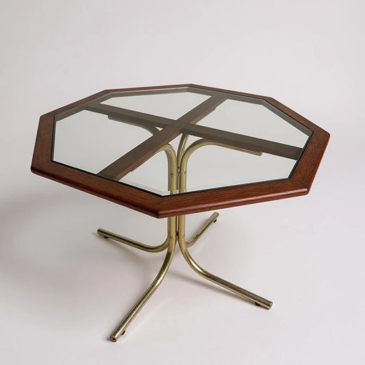 Mid Century Modern Italian Octagonal Smoked Glass Brass and Teak Dining Table