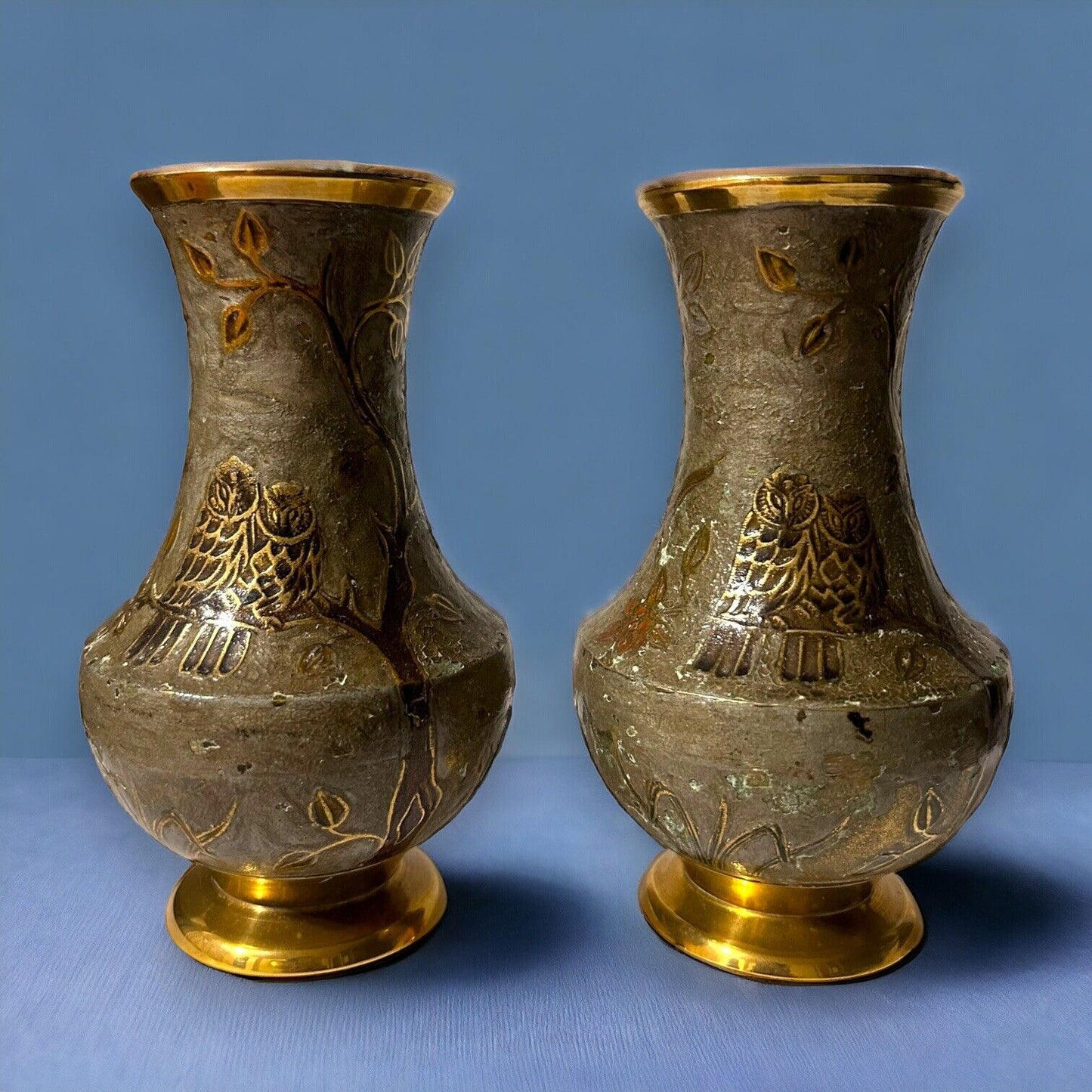 Vintage 1960s Pair of Owls Art Brass Vases