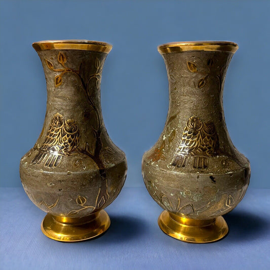 Vintage 1960s Pair of Owls Art Brass Vases