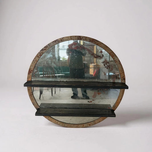 Vintage Shop Display Shelf with Mirrored Back | Rustic Metal & Wood Industrial Decor