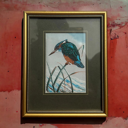 Vintage 1970s Kingfisher Bird Silk Picture