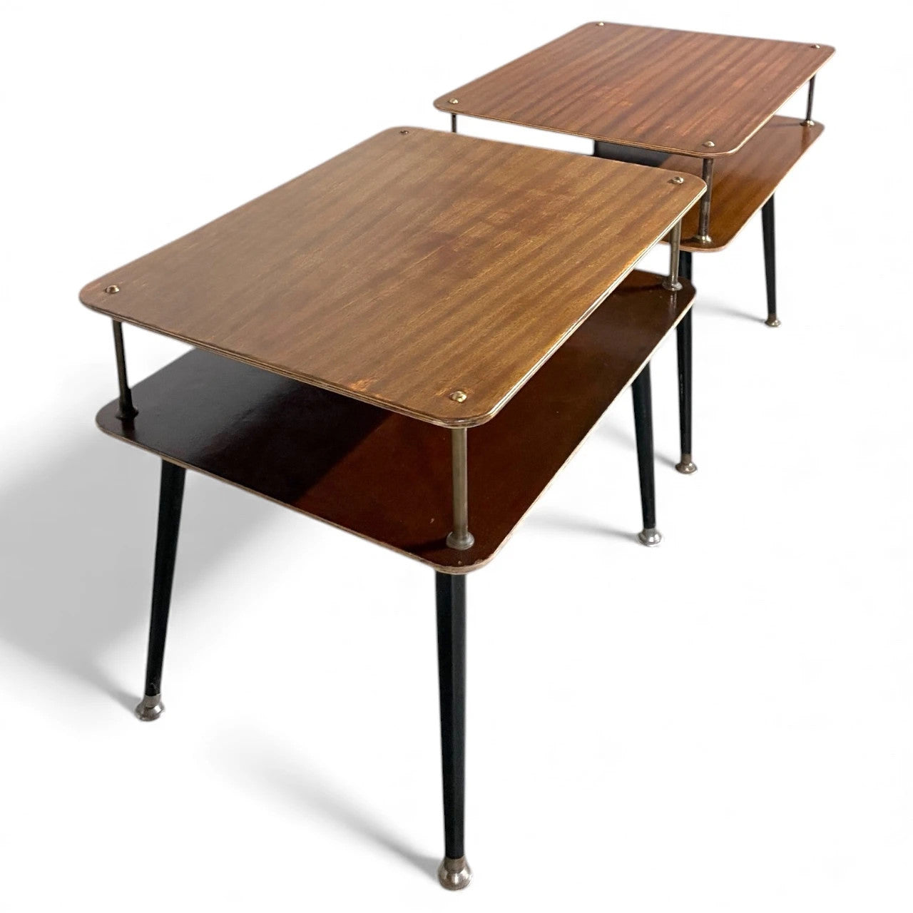 Mid-Century Bedside Tables – Atomic Style Two-Tier Nightstands with Walnut Finish