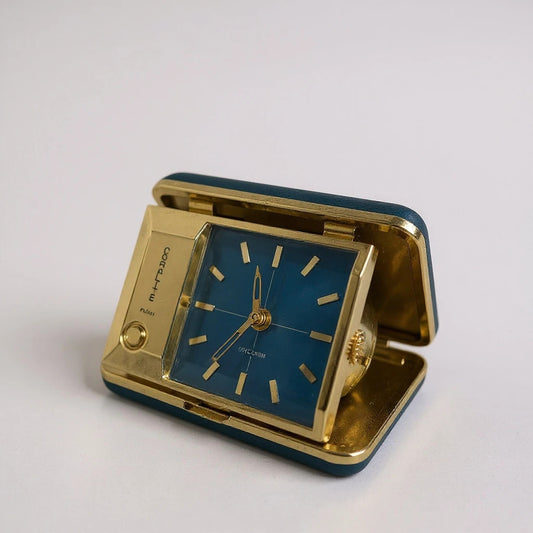 Vintage Coralite Travel Alarm Clock – Cobalt Blue & Gold Mid-Century Design