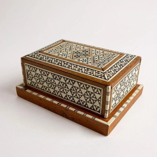 Mid Century Modern Mother of Pearl Mosaic Wood Marquetry Musical Cigarette Dispenser Box