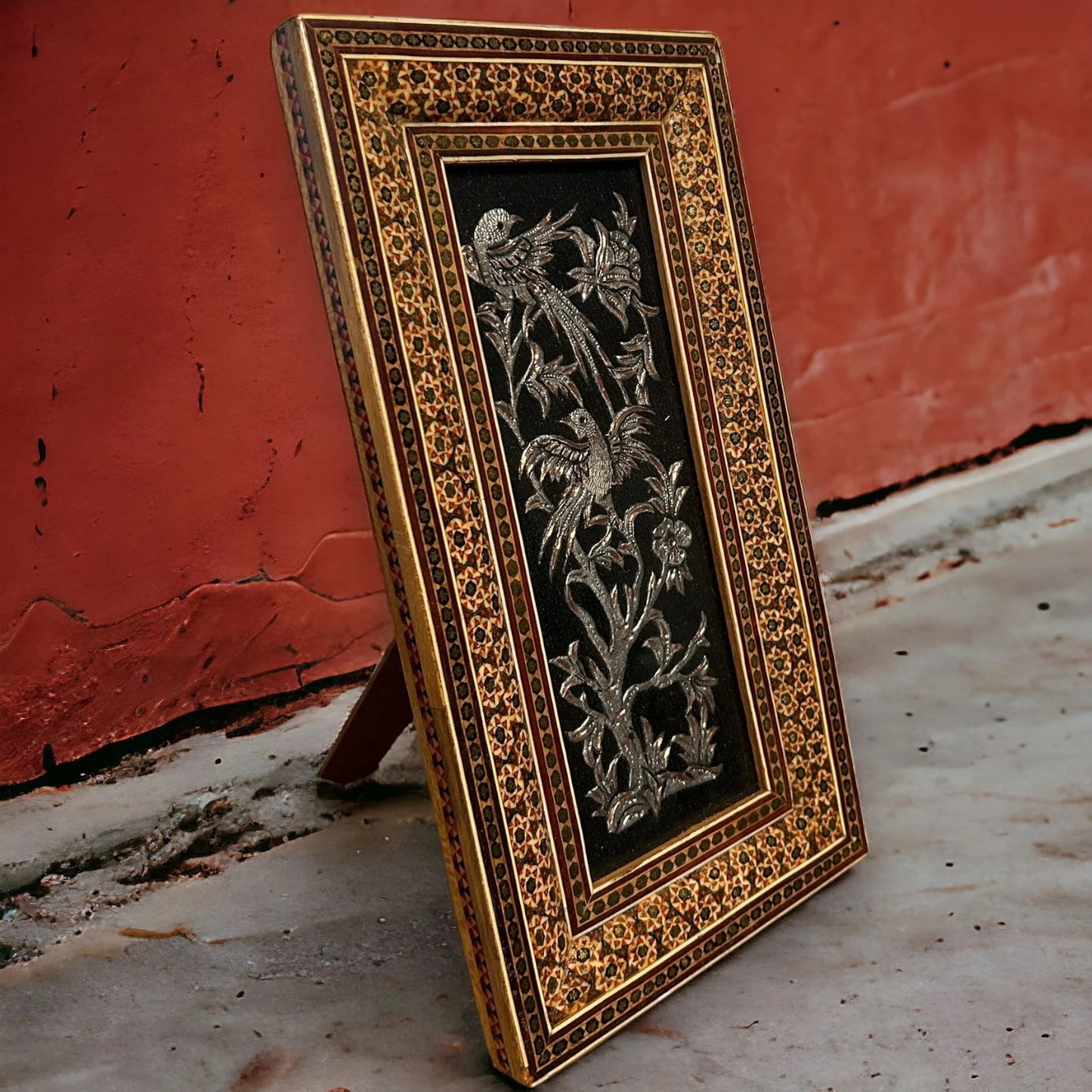 Vintage 1960s Persian Khatam Mosaic Copper Framed Art