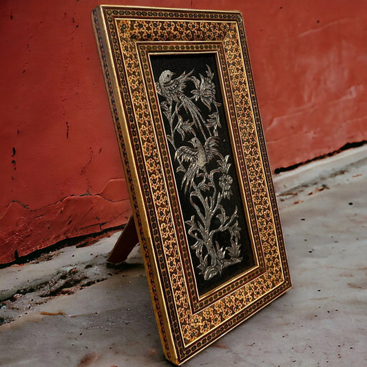 Vintage 1960s Persian Khatam Mosaic Copper Framed Art