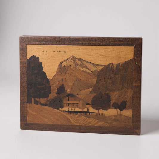 Mid Century Modern Teak Wood Marquetry Landscape Picture