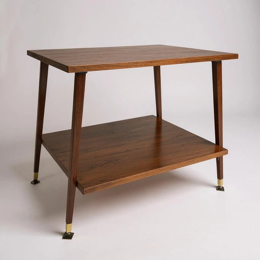 Mid Century Modern Danish Teak Wood Two Tiered Shelving Side Table