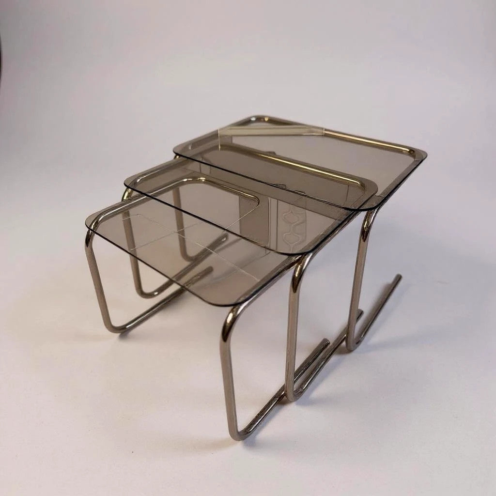 Mid Century Smoked Glass and Chrome Tubular Nest of Tables
