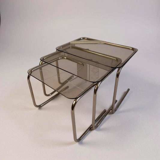 Mid Century Smoked Glass and Chrome Tubular Nest of Tables