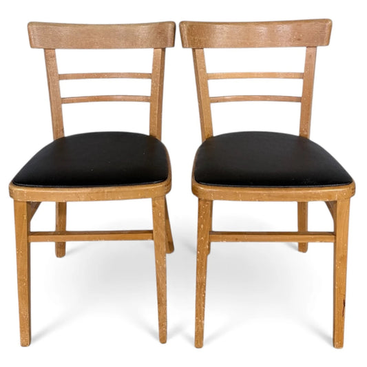 Pair of Vintage Beech Dining Chairs with Black Vinyl Seats – Mid-Century