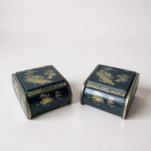 Pair of Vintage Chinoiserie Trinket Boxes – Black Lacquered Decorative Storage with Gilt Asian Motif