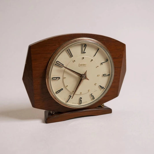 Mid Century Modern Metamec Table Clock | 1960s Wood & Brass Mantel Clock