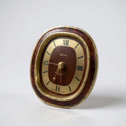 Vintage Swiza Swiss Desk Clock – Burlwood & Brass Mid-Century Quartz