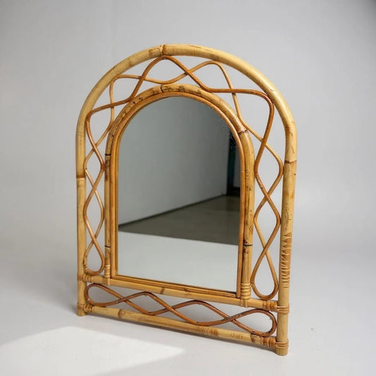 Mid Century Modern French Rattan Arch Wall Mirror