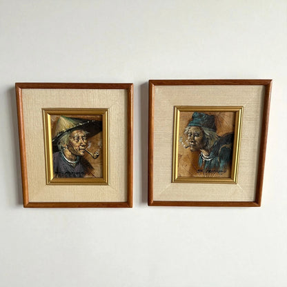 Pair of Vintage Tibetan Leaf Art Paintings – Framed Asian Folk Portraits