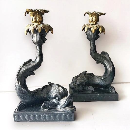 Vintage Pair of Black Basalt Wedgwood Dolphin Candlesticks