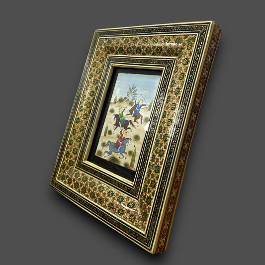 Vintage 1960s Persian Khatam Mosaic Framed Miniature Art Painting