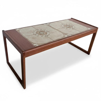 Mid-Century Coffee Table - Tile Top Table with Floral Ceramic Inset & Wooden Frame