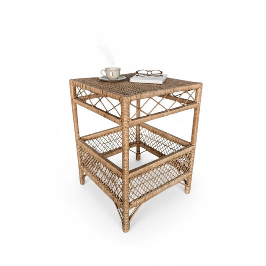 Vintage Bamboo Side Table | Square Rattan Accent Table