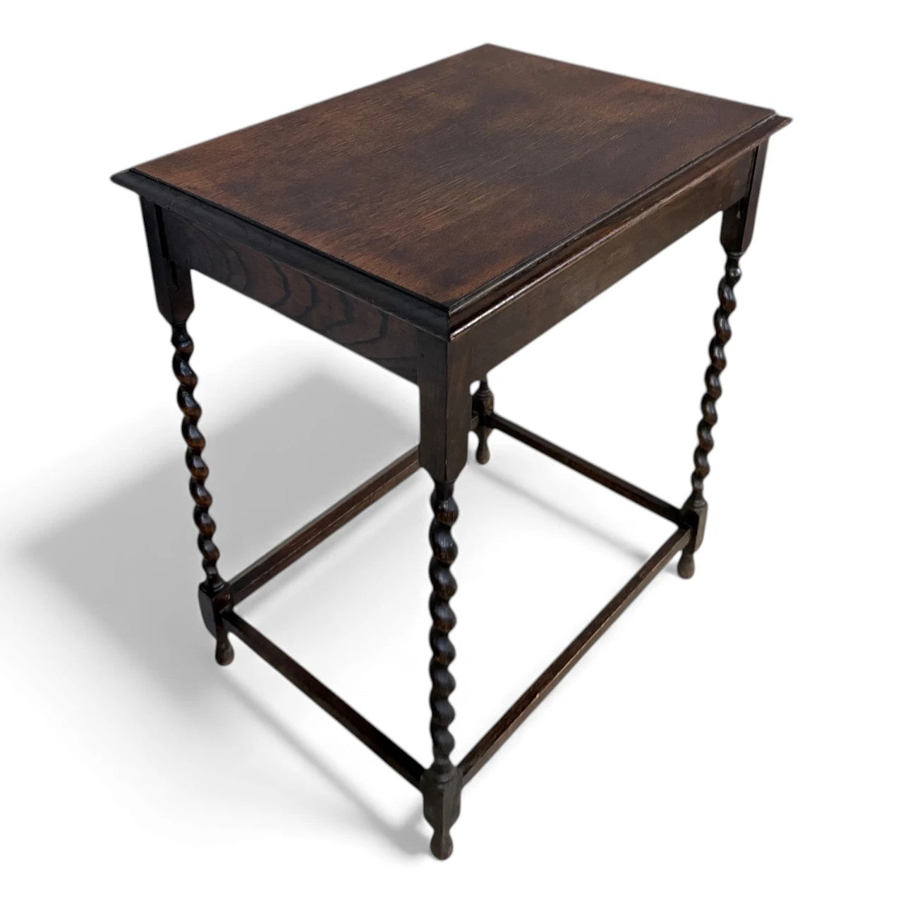 Barley Twist Side Table - Solid Oak Antique Occasional Table With Stretcher Base