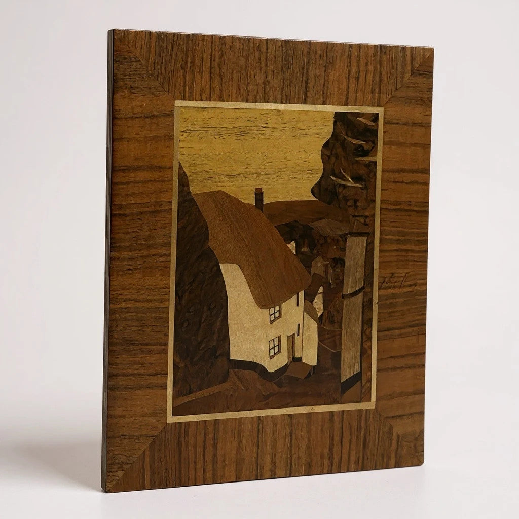 Mid-Century Marquetry Artwork – Rustic House Landscape in Wood Veneer