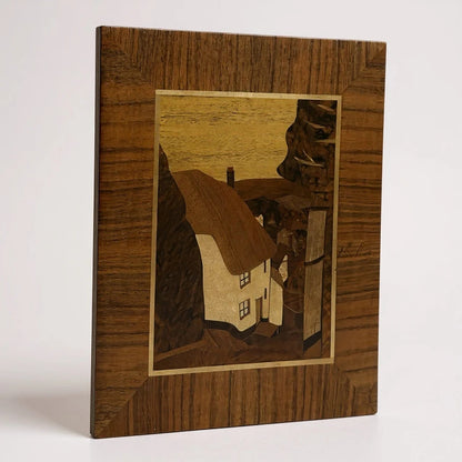 Mid-Century Marquetry Artwork – Rustic House Landscape in Wood Veneer