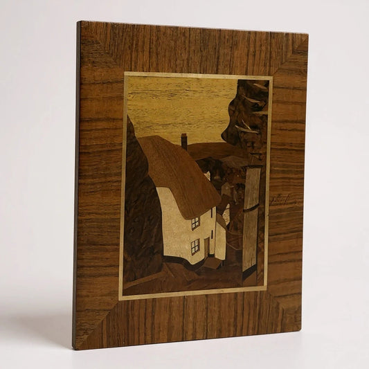 Mid-Century Marquetry Artwork – Rustic House Landscape in Wood Veneer