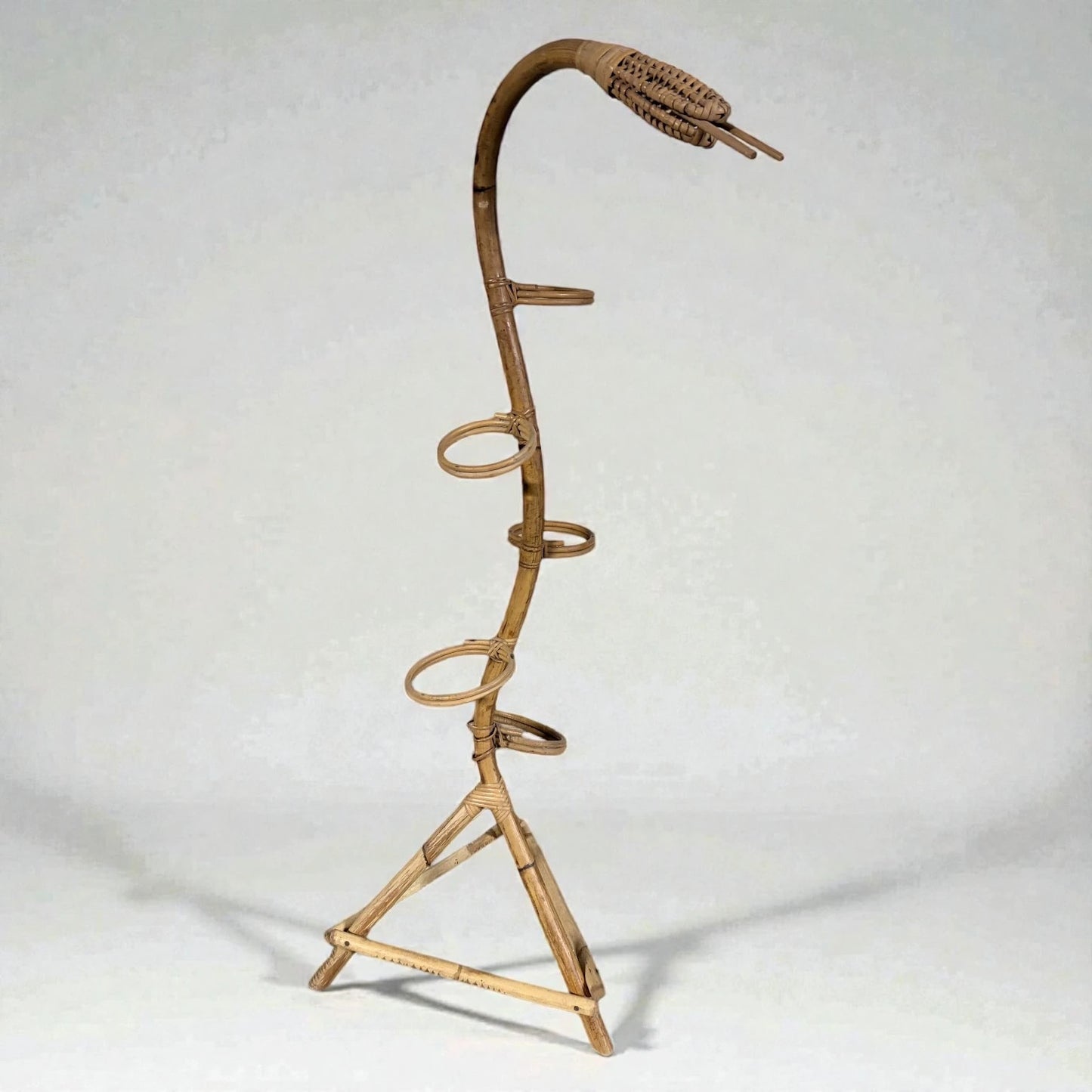 Bamboo Plant Stand – Sculptural Snake Shaped Vintage Rack With Rattan Holder