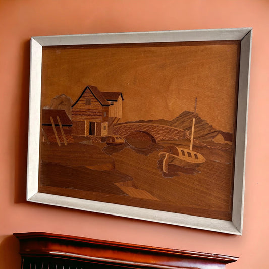 Mid century wood marquetry boat picture frame