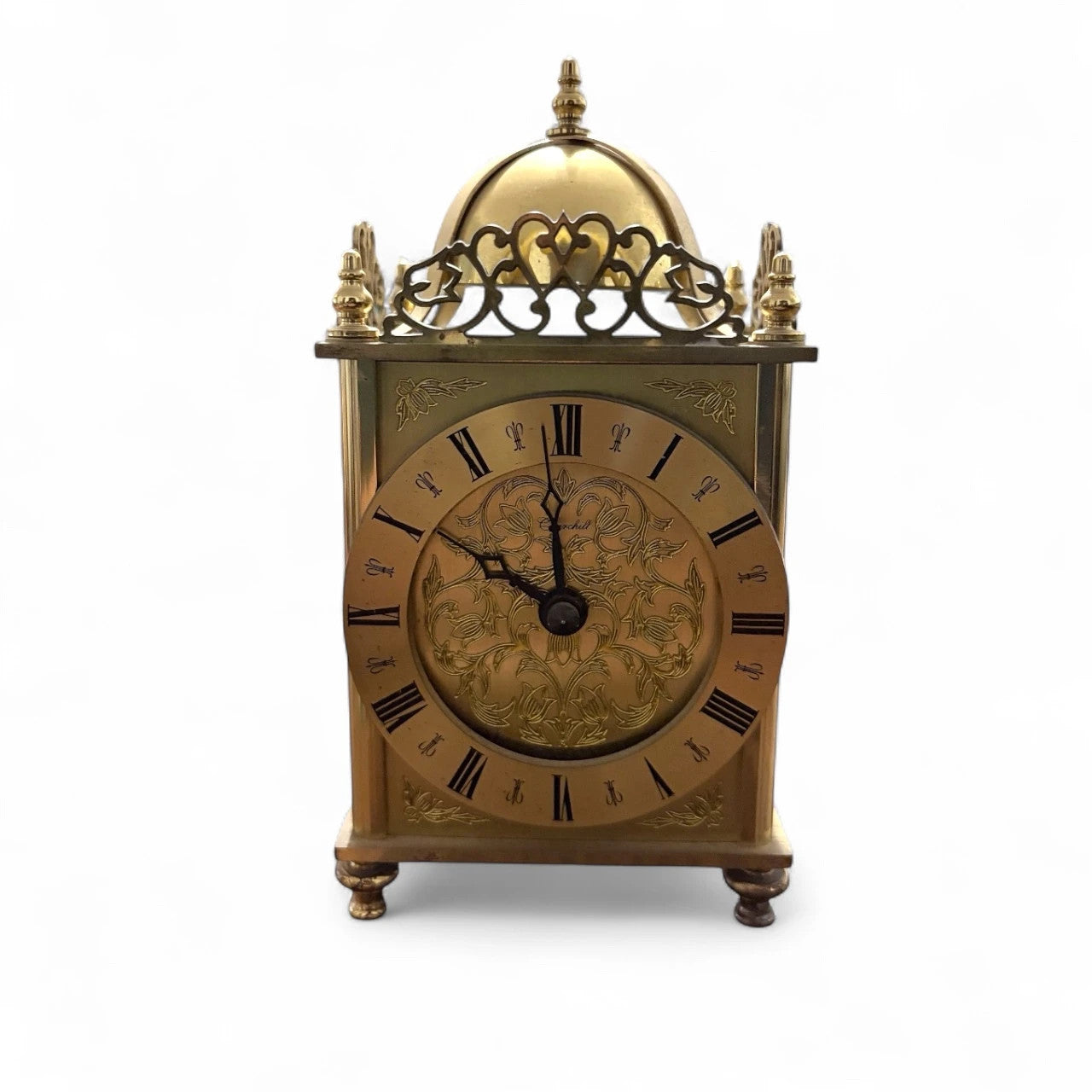 Vintage Brass Lantern Clock by Greenhall | Ornate Wind-Up Mantel Clock with Roman Numerals