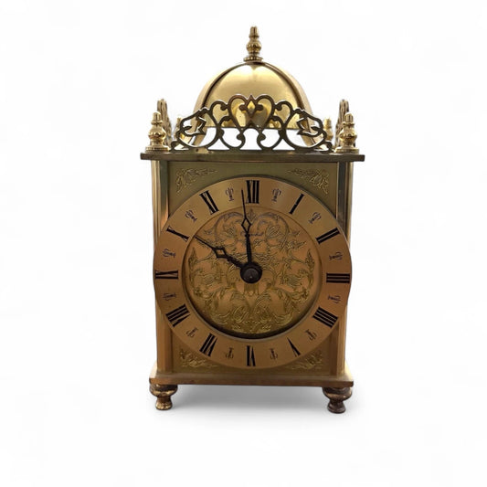 Vintage Brass Lantern Clock by Greenhall | Ornate Wind-Up Mantel Clock with Roman Numerals