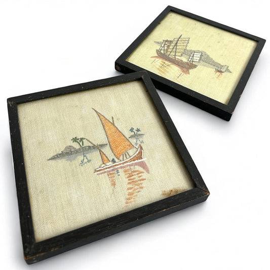 Mid Century Japanese Boats Handpainted Silk Paintings