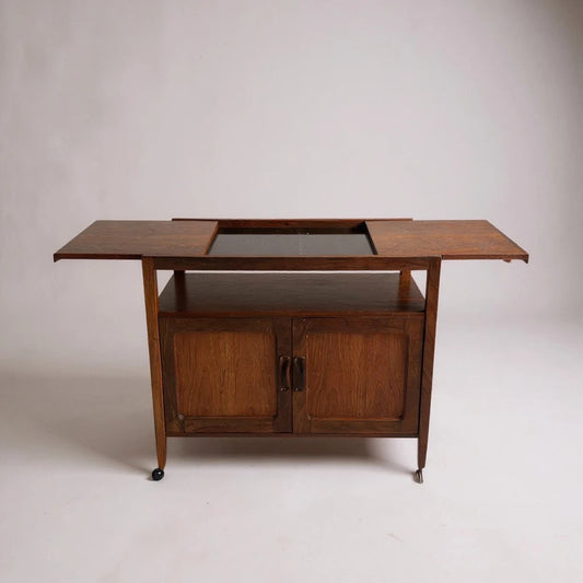 Mid Century G Plan Drinks Cabinet Trolley – Vintage Bar Cart with Black Sliding Top